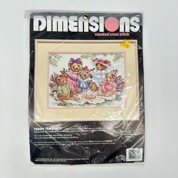 VTG Dimensions Counted Cross Stitch Kit Teddy Bear Tea Party Dawna Barton 1992 - Picture 1 of 7